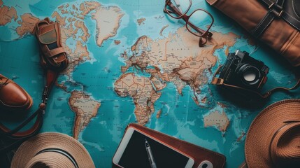 Travel planning essentials: world map & accessories for your dream vacation - top view flat lay
