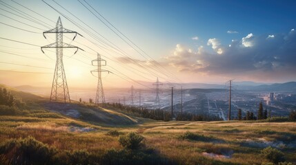 Silhouette of High-voltage power lines and high-voltage towers at sunset with the city in background. Electric energy concept. - Powered by Adobe