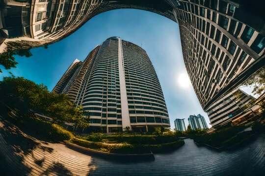 Garden City, low angle fish eye shot tall building