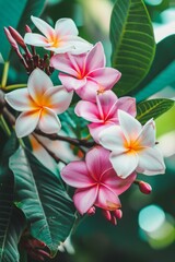 Colorful frangipani flowers blooming on a tree branch in nature