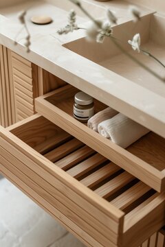 bathroom vanity with slats of wood and an open drawer, modern style, white wall, minimal interior design, natural light, closeup, minimal interior design with slats of wood, modern style