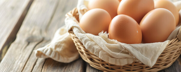 Wicker basket with cloth filled with fresh brown eggs on a rustic wooden surface. Farm and natural produce concept. Design for cookbook recipes, food blog headers with copy space, and organic product.