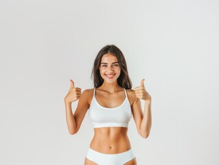Fototapeta na wymiar European fitness woman wears white sportswear on a white background showing thumbs up and smiling. Active lifestyle and motivation, sports.