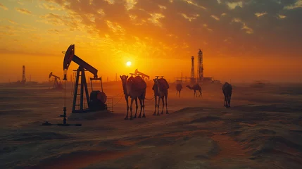 Fototapeten Oil pumps and camels in desert. © Janis Smits