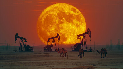 Oil pumps and camels in desert.