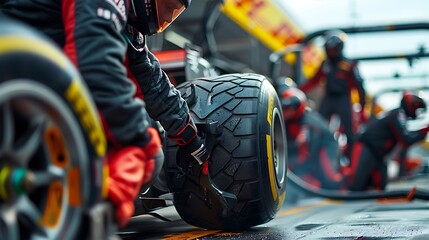 Formula One pit stop, changing tires on a race car in a rush for speed and precision
