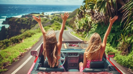 Exciting adventure: girls embrace freedom driving convertible on summer road trip in hawaii - happy vacation moments - obrazy, fototapety, plakaty