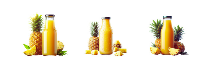 Set of  bottles of pineapple juice illustration, isolated over on transparent white background