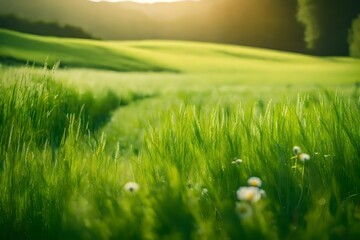 Gorgeous meadow scene in a hilly region during the spring and summer on a bright, sunny day. Young, luscious green grass in a field - obrazy, fototapety, plakaty