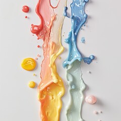 Artistically spread on a white background are vivid splashes of yellow, blue, and orange liquids.