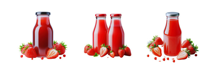 Set of bottles of strawberry juice illustration, isolated over on transparent white background