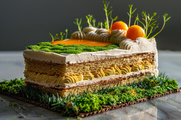 Artisanal cake with grassland and sunset decoration, sectioned to display its rich layers,