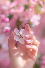 Delicate female hand with pink manicure and flowering tree. Background of peach or cherry or sakura tree, spring transformation. Concept for beauty salon, manicure salon, Professional manicure master.