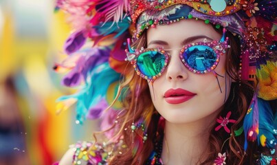 Obraz premium Beautiful girl on carnival with colorful face dress and sunglasses. Beauty model woman with carnival mask at party