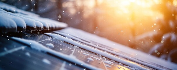 Snow covering the solar panel in sunset light. Winter renewable solar concept