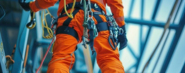 High-altitude safty equipment. Construction worker wearing safety equipments. banner