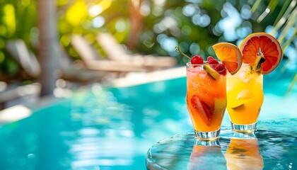 Two glasses of fresh fruit juice with a blurred swimming pool and palm trees in the background