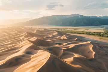 Aerial view of desert sand dune at sunset with mountainous horizon