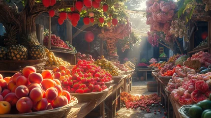 Keuken spatwand met foto Harvesting fruits, berries and vegetables on wooden counters © Rustam