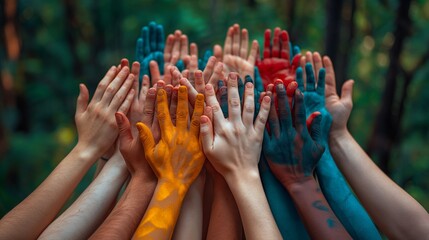 Hands of different people in colored powders