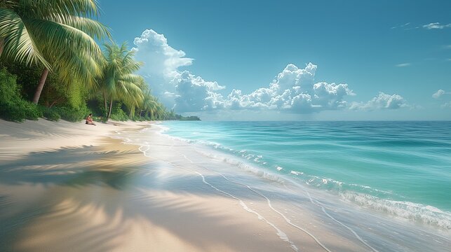 Sandy ocean shore with palm trees and under blue sky
