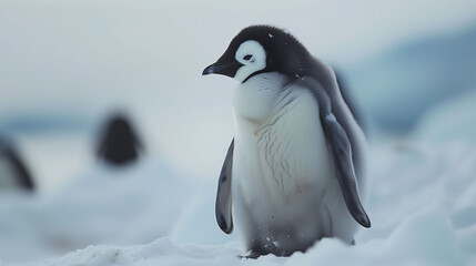 Close up portrait of penguin in Antarctica surrounded by snow and ice, with cold iceberg in the background. No people. Copy space