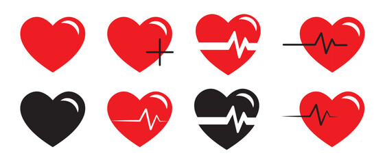 Heart vector icons. Set of red and black hearts. Set of heartbeat icon on white background.  Set of love symbols. Vector illustration. - obrazy, fototapety, plakaty