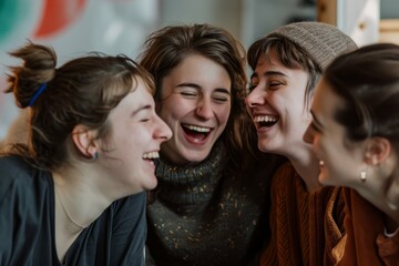 Group of joyful friends laughing and enjoying a conversation indoors.