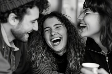 Black and white image of a joyful group of friends laughing together in a cozy setting.
