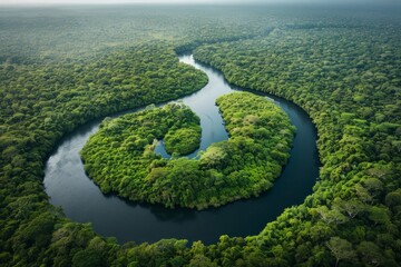 Aerial view of a winding river through a dense, lush green rainforest, showcasing the natural beauty and serenity of a tropical landscape.