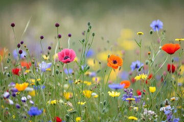 Colorful wildflowers in a meadow with poppies and daisies, vibrant natural background.