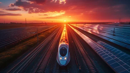 Foto op Canvas High-speed train powered by renewable energy, with solar panels along the track, representing sustainable transport © MAY
