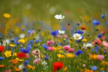 Colorful wildflowers in a field with a shallow depth of field.
