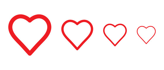Red heart with stroke line. Red heart on white background. Heart vector icons. Set of red line hearts. Set of heartbeat icon on white background.  Set of red love symbols. Vector illustration.