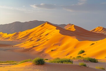 Golden sand dunes with ripples, sparse vegetation, and mountains under a clear sky at sunset.