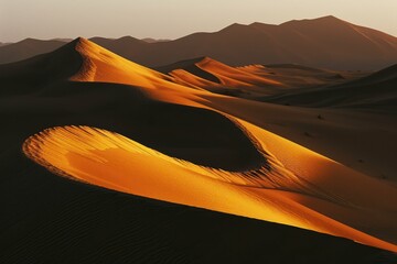 Golden sand dunes at sunset with interplay of light and shadows creating a dramatic desert landscape.