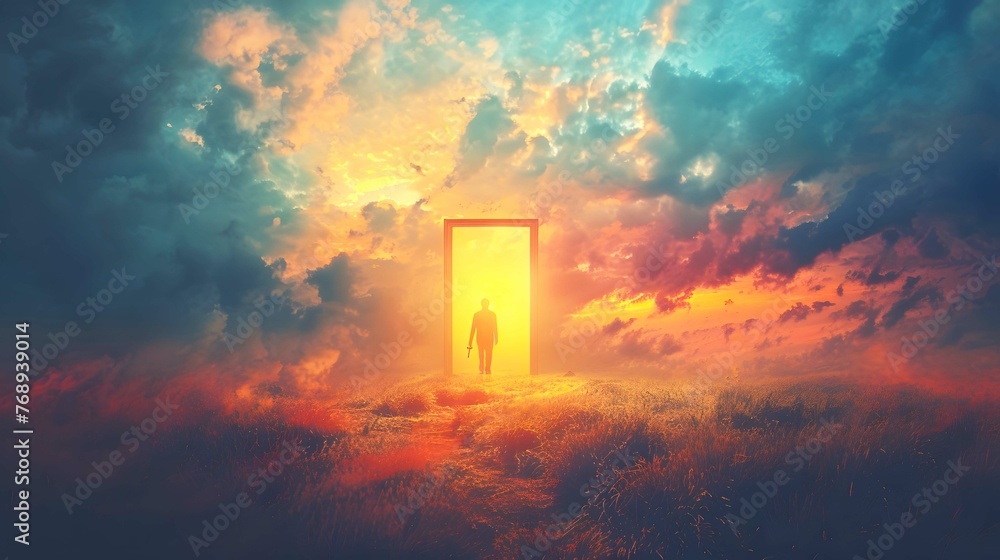 Wall mural conceptual image of a person holding a key and unlocking a reality