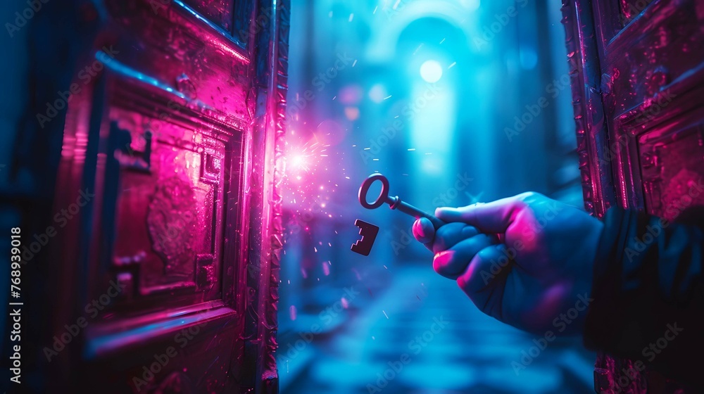 Wall mural conceptual image of a person holding a key and unlocking a reality