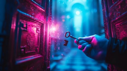 Conceptual image of a person holding a key and unlocking a  reality - obrazy, fototapety, plakaty