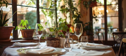Elegant rustic table setting with vintage dinnerware and lush greenery for a romantic dinner - obrazy, fototapety, plakaty