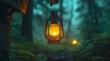 Conceptual of a person holding a lantern and exploring a dark forest