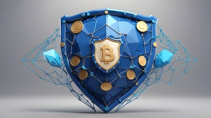This shield is blue and has a bunch of coins on it. The idea stands for financial stability or deposit insurance. digital style with low polygon count. background in geometric form. Structure of conne