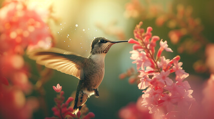 Hummingbird sucking nectar from flowers, Wildlife scene from nature. Birdwatching in the forest
