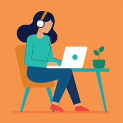 Business woman working at desk flat illustration