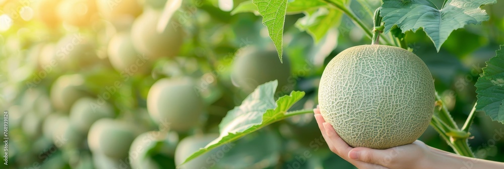 Poster hand holding honeydew melon on blurred background with copy space for text placement
