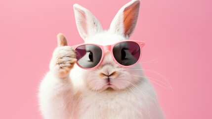 Cool easter bunny rabbit wearing sunglasses giving thumbs up on pastel background