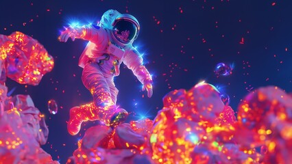 Bunter Astronaut auf dem Mond mit Anzug und Helm als Cartoons, ai generativ - obrazy, fototapety, plakaty