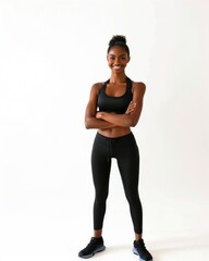 Fototapeta premium Portrait, fitness and arms crossed with happy black woman in studio on white background for health. Exercise, smile and workout with confident young sports model training for improvement