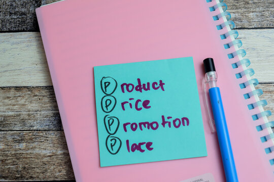Concept of PPPP - Product, Price, Promotion, Place write on sticky notes isolated on Wooden Table.