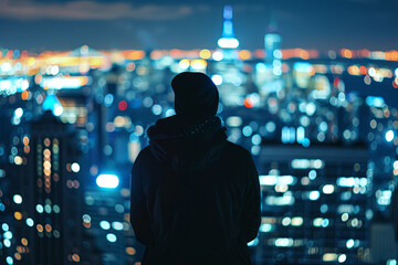 A faceless individual standing atop a building at night, overlooking the city lights - obrazy, fototapety, plakaty
